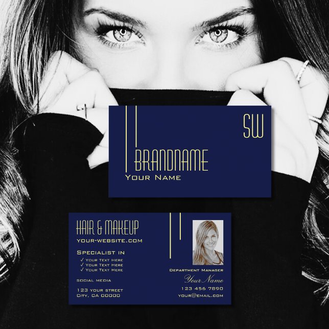Plain Dark Indigo Blue with Monogram and Photo Business Card (Creator Uploaded)