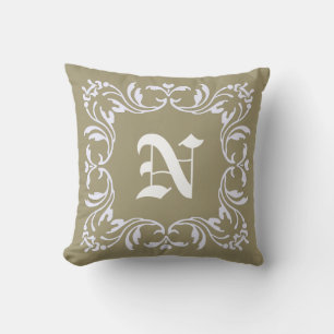 Plain dark tan background and Damask Monogram Cushion