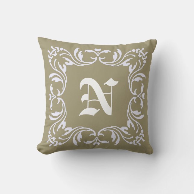 Plain dark tan background and Damask Monogram Cushion (Front)