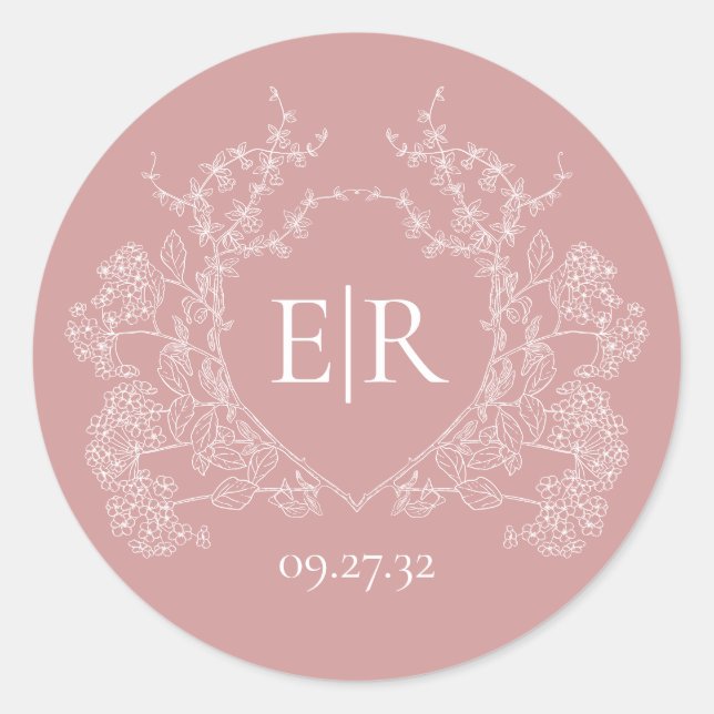 Plain Dusty Pink Floral Crest Monogram Wedding Classic Round Sticker (Front)