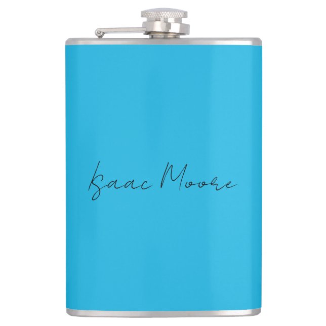 Plain Elegant Blue Script Calligraphy Name Hip Flask (Front)