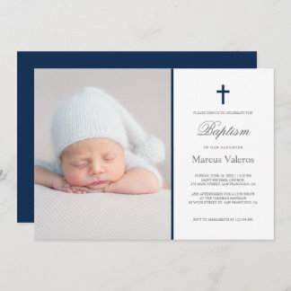 Plain Elegant Cross Photo Navy Baptism  Invitation