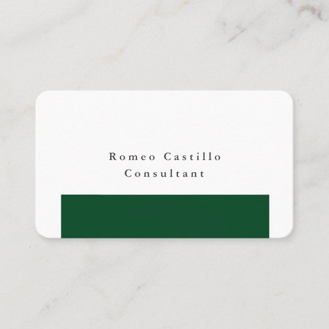 Plain Elegant Forest Green White Minimalist Design Business Card (Front)