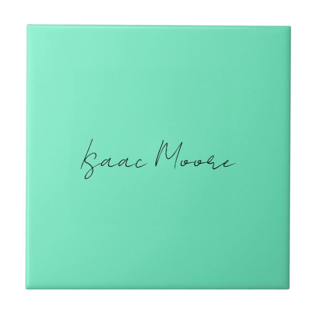 Plain Elegant Green Blue Script Calligraphy Name Ceramic Tile (Front)