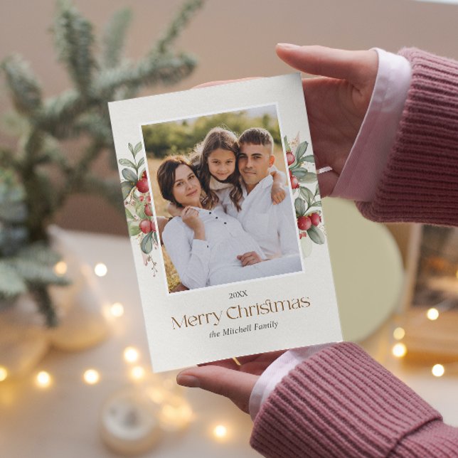 Plain Elegant Merry Christmas Floral Berries PHOTO Holiday Card (Botanical Christmas photo card with berries and leaves in classic holiday colors and photo)