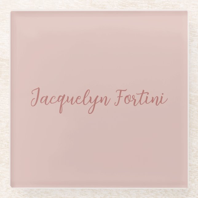 Plain Elegant Rose Gold Calligraphy Script Name Glass Coaster (Front)