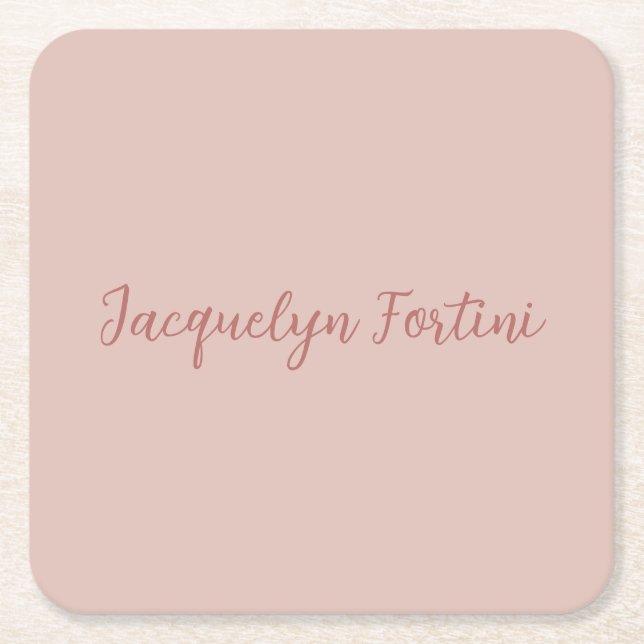 Plain Elegant Rose Gold Calligraphy Script Name Square Paper Coaster (Front)