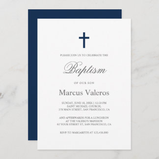 Plain Elegant Simple Navy Blue Cross Baptism   Invitation