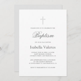 Plain Elegant Simple Silver grey Cross Baptism  Invitation