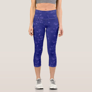 Plain floral pattern retro blue capri leggings