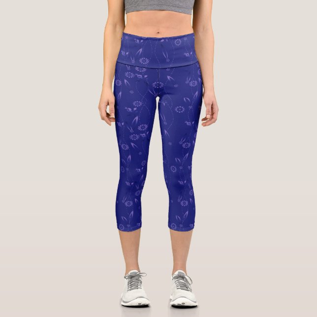 Plain floral pattern retro blue capri leggings (Front)