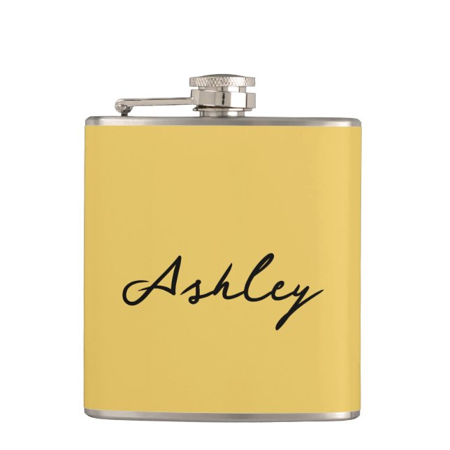 Plain gold script personalised hip flask (Front)