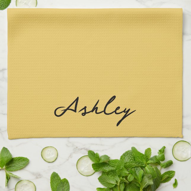 Plain gold script personalised tea towel (Folded)