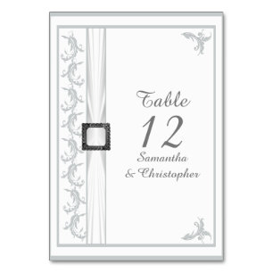 Plain grey and white damask white lace wedding table number