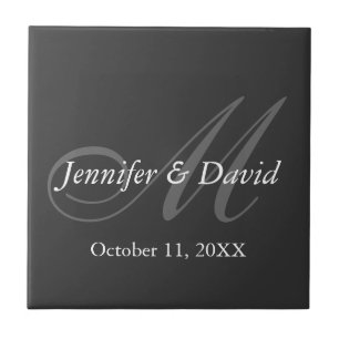Plain Grey Monogram Wedding Bride Groom Names Ceramic Tile