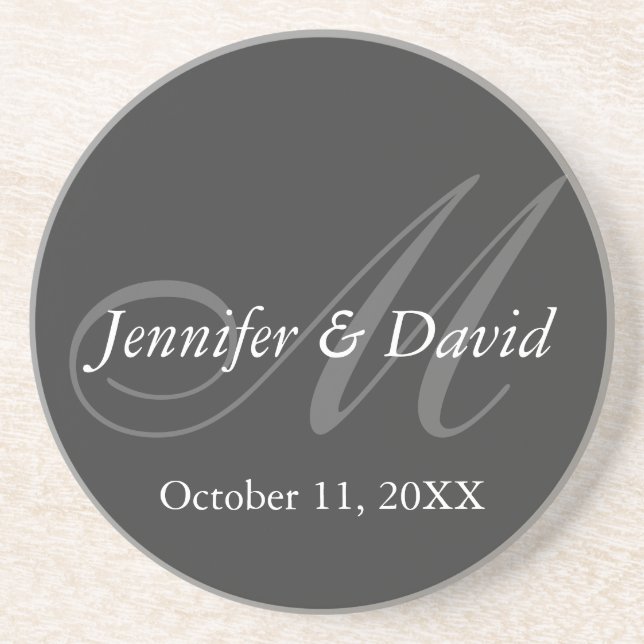 Plain Grey Monogram Wedding Bride Groom Names Coaster (Front)