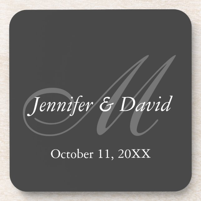 Plain Grey Monogram Wedding Bride Groom Names Coaster (Front)