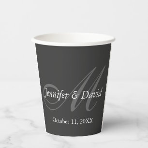Plain Grey Monogram Wedding Bride Groom Names Paper Cups