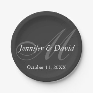 Plain Grey Monogram Wedding Bride Groom Names Paper Plate