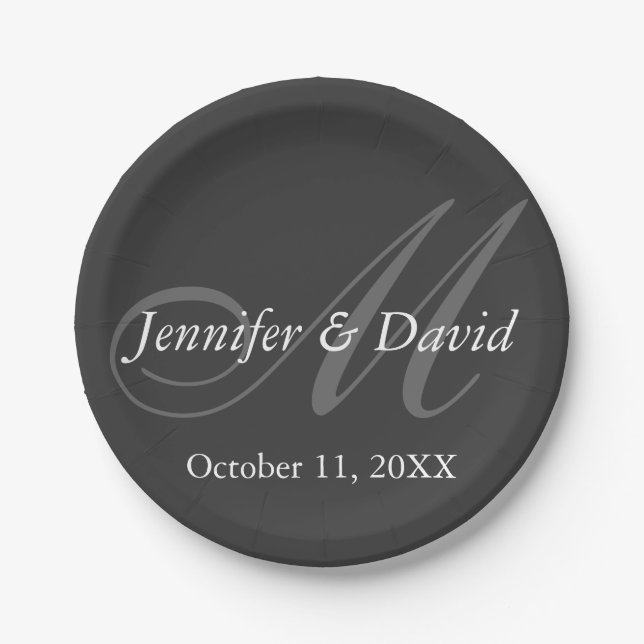 Plain Grey Monogram Wedding Bride Groom Names Paper Plate (Front)