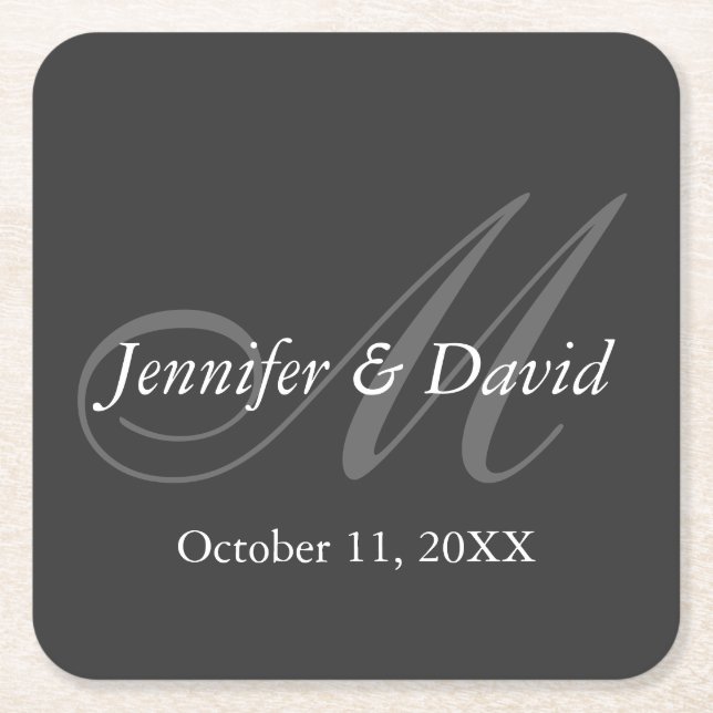 Plain Grey Monogram Wedding Bride Groom Names Square Paper Coaster (Front)