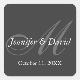 Plain Grey Monogram Wedding Bride Groom Names Square Sticker