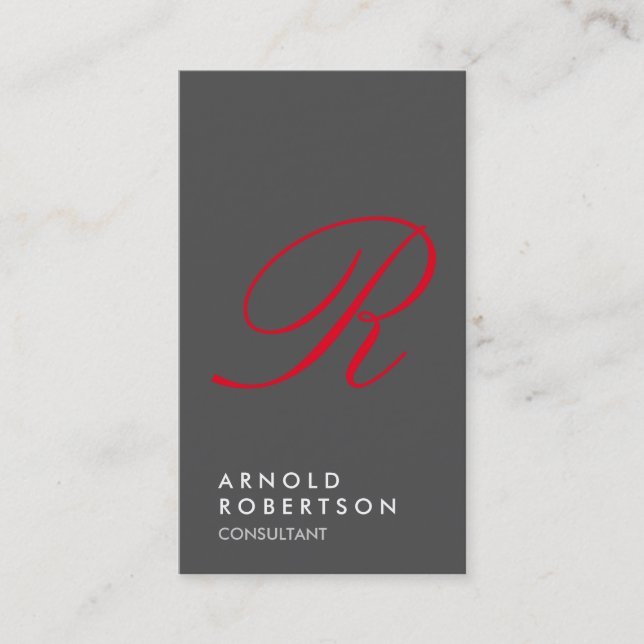 Plain Grey Trendy Red Monogram Business Card (Front)