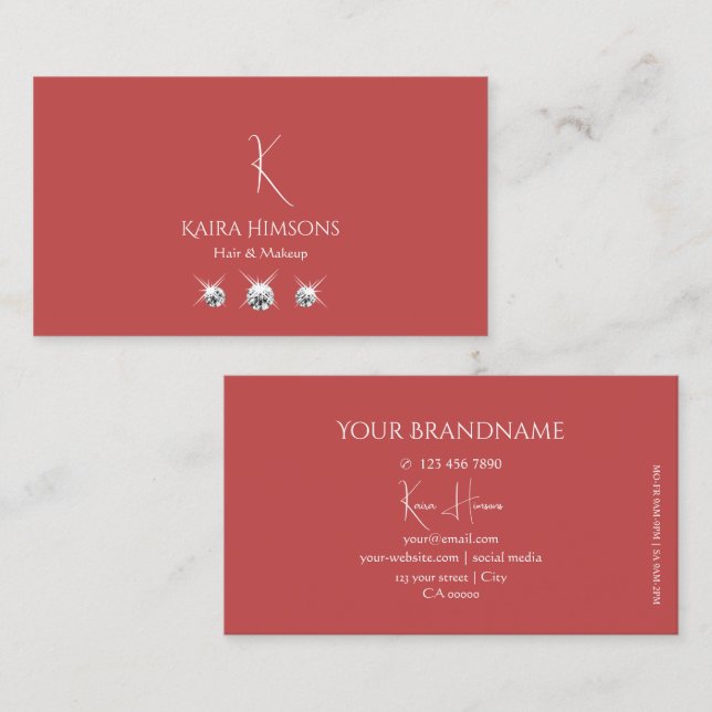 Plain Indian Red with Monogram and Sparkle Jewels Business Card (Front/Back)
