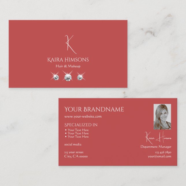 Plain Indian Red with Monogram Photo and Jewels Business Card (Front/Back)