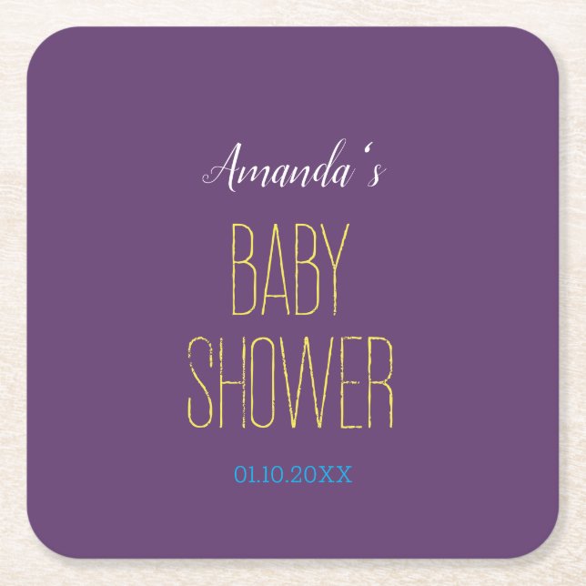 Plain Indigo Yellow Modern Minimalist Baby Shower Square Paper Coaster (Front)