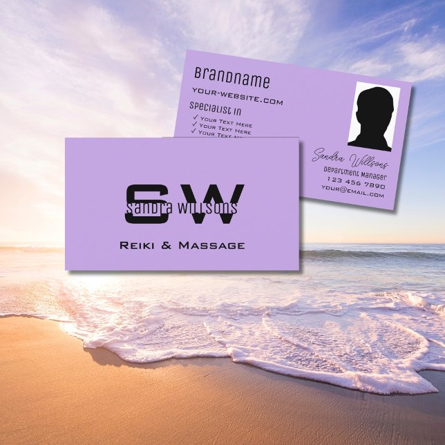 Plain Lilac with Monogram and Photo Light Purple Business Card (Creator Uploaded)