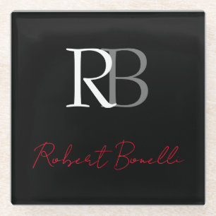 Plain Modern Black Red Monogrammed Initials Name Glass Coaster