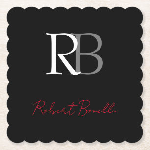 Plain Modern Black Red Monogrammed Initials Name Paper Coaster