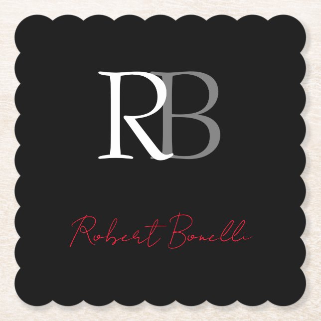 Plain Modern Black Red Monogrammed Initials Name Paper Coaster (Front)