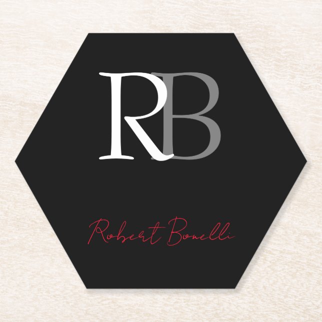 Plain Modern Black Red Monogrammed Initials Name Paper Coaster (Front)