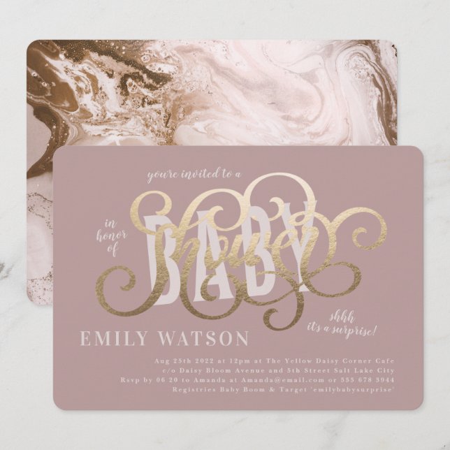 Plain Modern Gold White PINK Text Baby Shower Invitation (Front/Back)