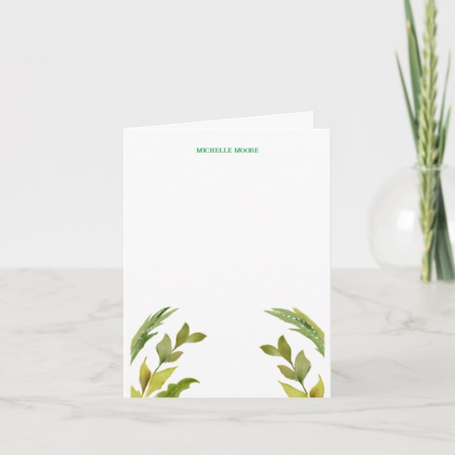 Plain Modern Minimalist Name Floral Greenery Note Card (Front)