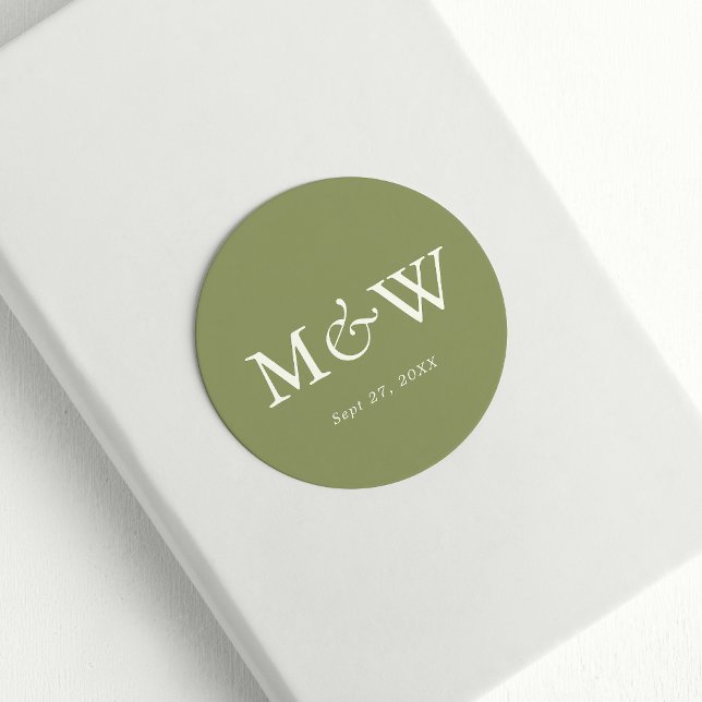 Plain Modern Moss Green Classic Monogram Wedding Classic Round Sticker (Creator Uploaded)