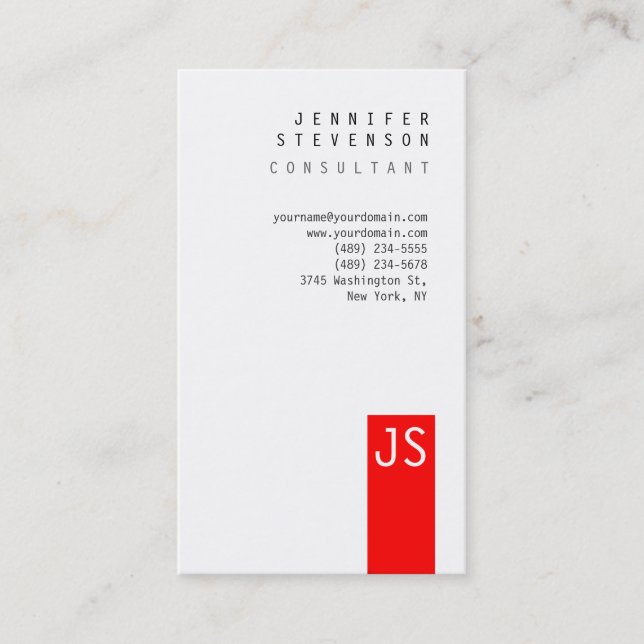 Plain Monogram Red White Clean Business Card (Front)