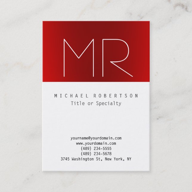 Plain Monogram Red White Clean Business Card (Front)