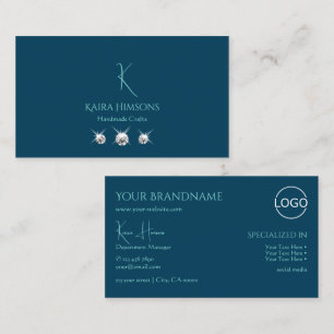 Plain Ocean Blue with Monogram Logo and Jewels Business Card