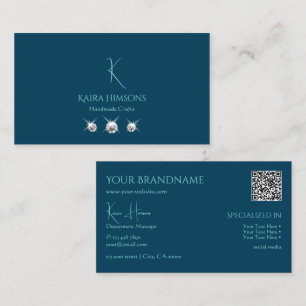 Plain Ocean Blue with Monogram QR Code and Jewels Business Card