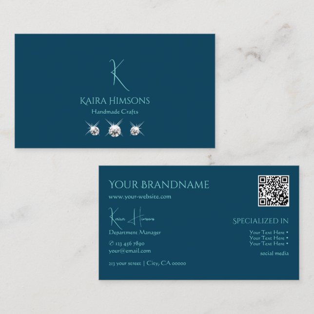 Plain Ocean Blue with Monogram QR Code and Jewels Business Card (Front/Back)