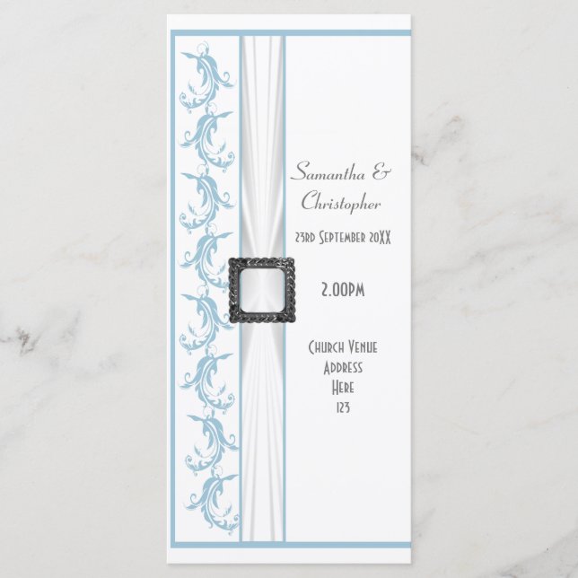 Plain pastel blue and white church wedding program (Front)