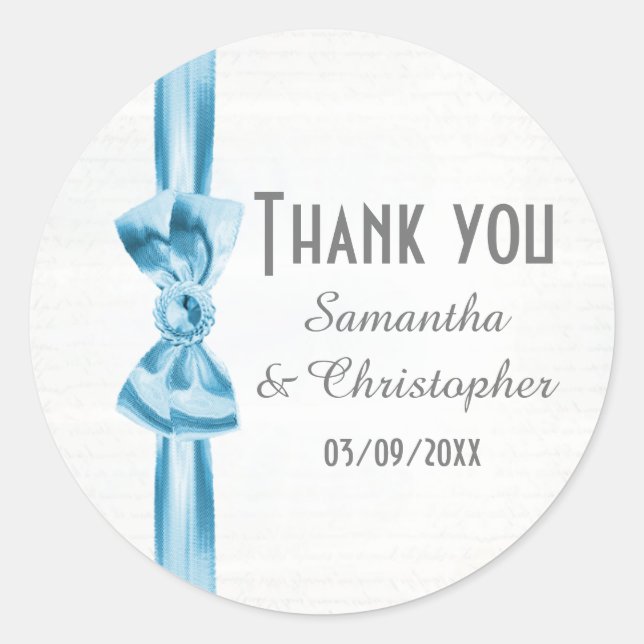Plain pastel blue satin ribbon bow thank you classic round sticker (Front)