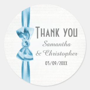 Plain pastel blue satin ribbon bow thank you classic round sticker