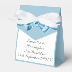Plain pastel blue satin ribbon bow wedding favour box