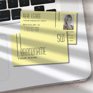 Plain Pastel Yellow with Monogram and Photo Modern Business Card