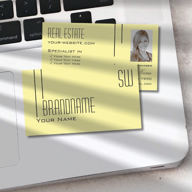 Plain Pastel Yellow with Monogram and Photo Modern Business Card (Creator Uploaded)