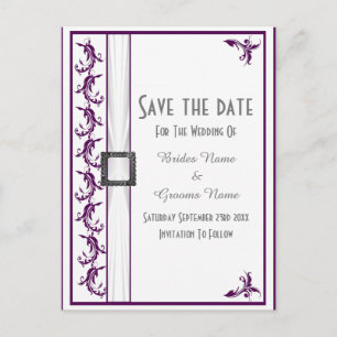 Plain purple and white lace save the date announcement postcard